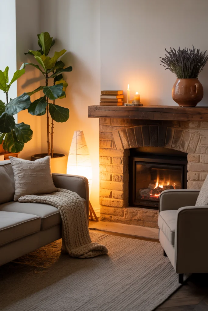 Add a focal point that soothes—fireplace, art, or a big plant