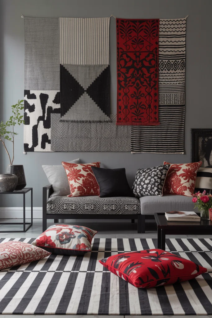Artistic Mix of Patterns in Grey, Black, and Red