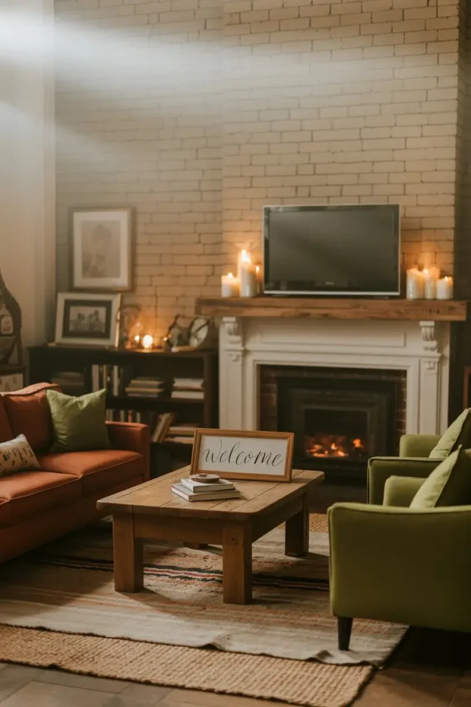 Brick Fireplace with Mounted TV