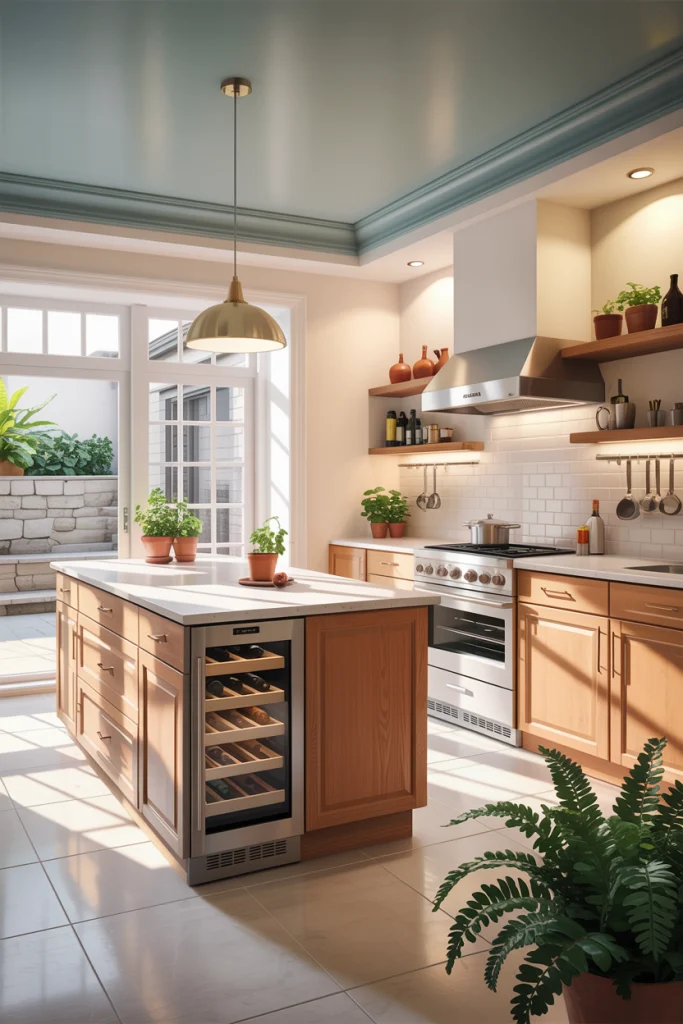 Bright walls make the basement kitchen feel open