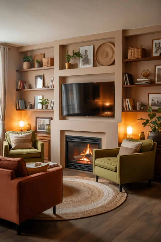 Built-In Shelving Around Fireplace and TV