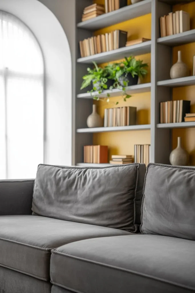 Built-In Shelving with Yellow Back Panels