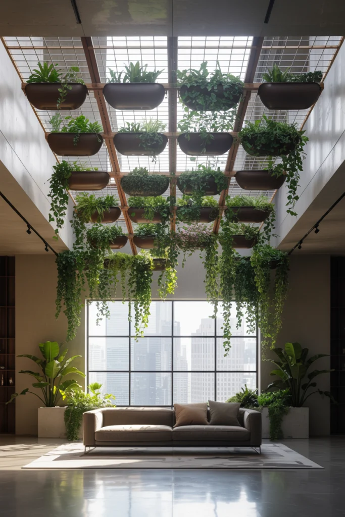Ceiling Grid Hanging Planters for Dramatic Impact