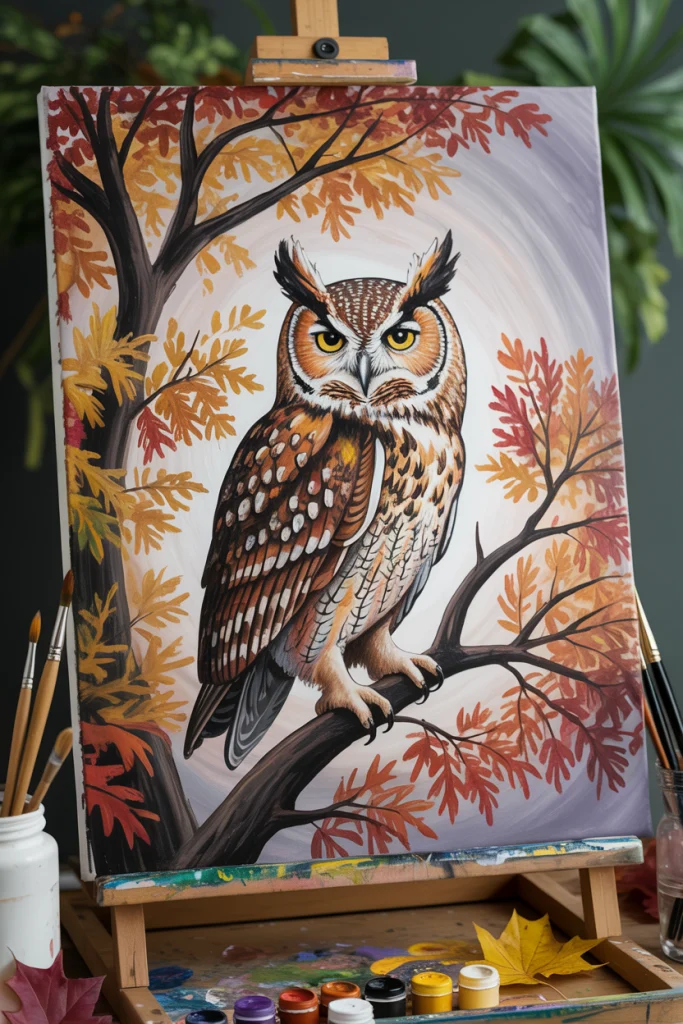 Colorful Owl in Autumn Trees