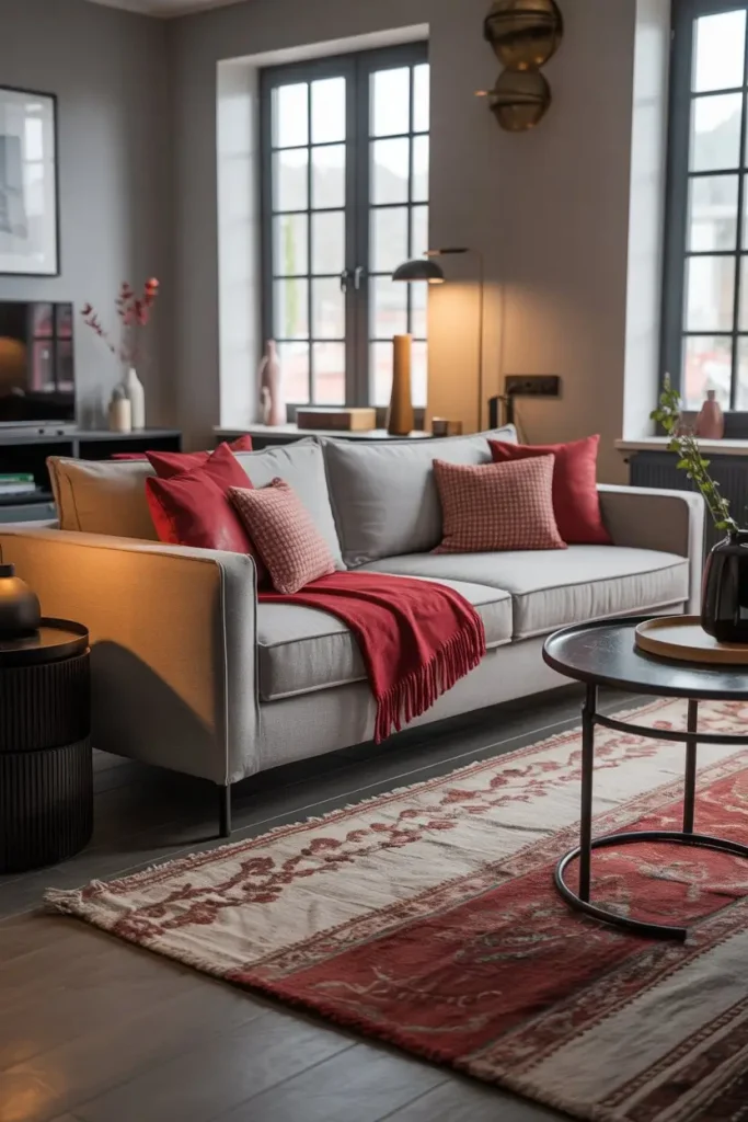 Cozy Grey Sofas with Red Textiles