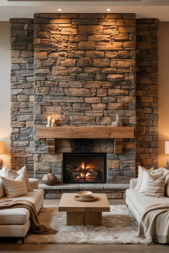 Floor-to-Ceiling Stone Fireplace for Timeless Impact
