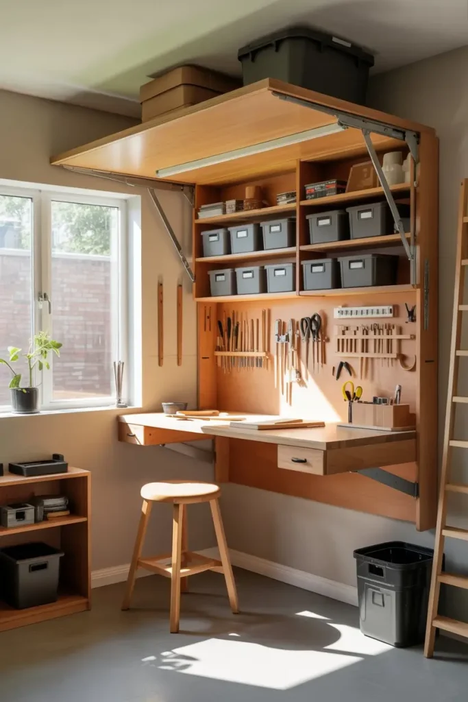 Fold-Down Workbench with Hidden Shelves