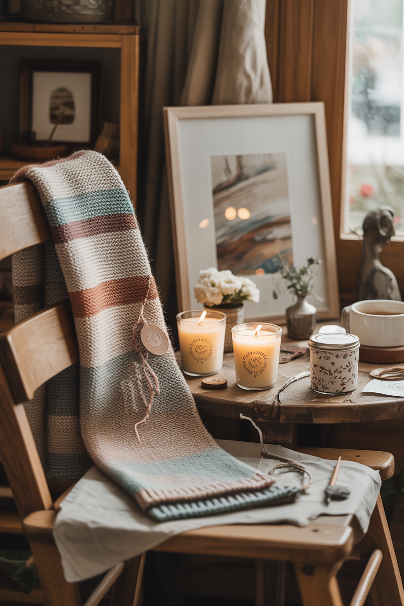 A handmade gift, such as a knitted scarf, which adds a personal touch.