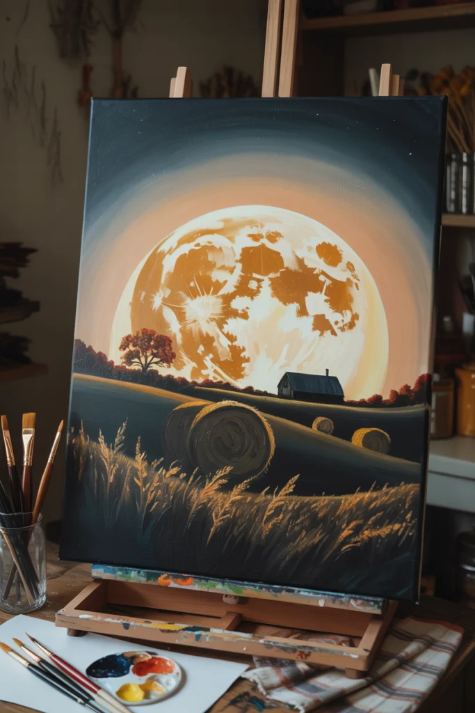Harvest Moon Over Fields