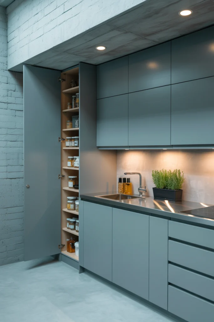 Keep basement kitchen storage sleek and hidden