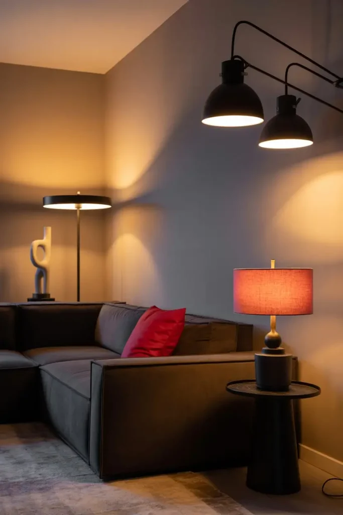 Layered Lighting with Grey, Black, and Red Accents