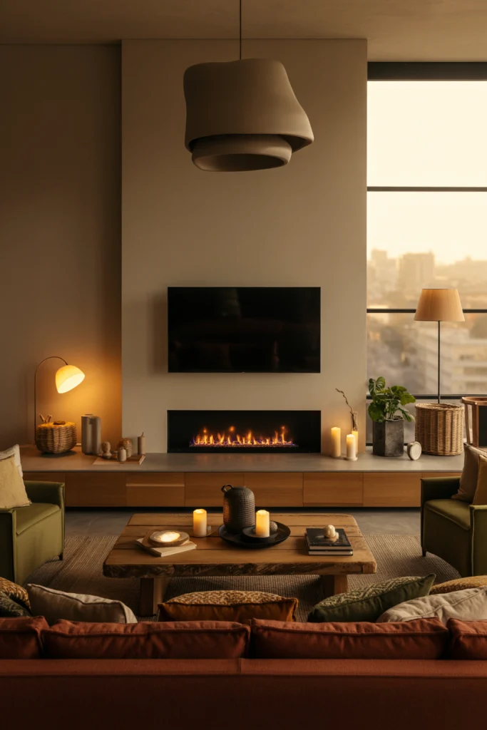 Modern Linear Fireplace with Floating TV Cabinet