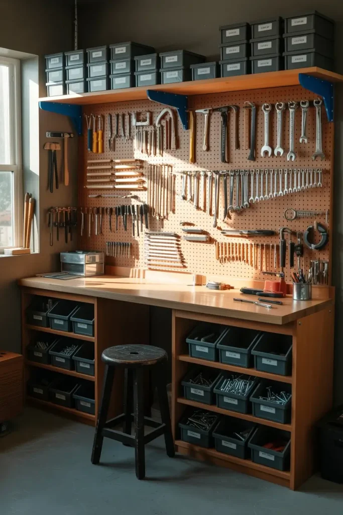 Pegboard Backing with Integrated Shelves