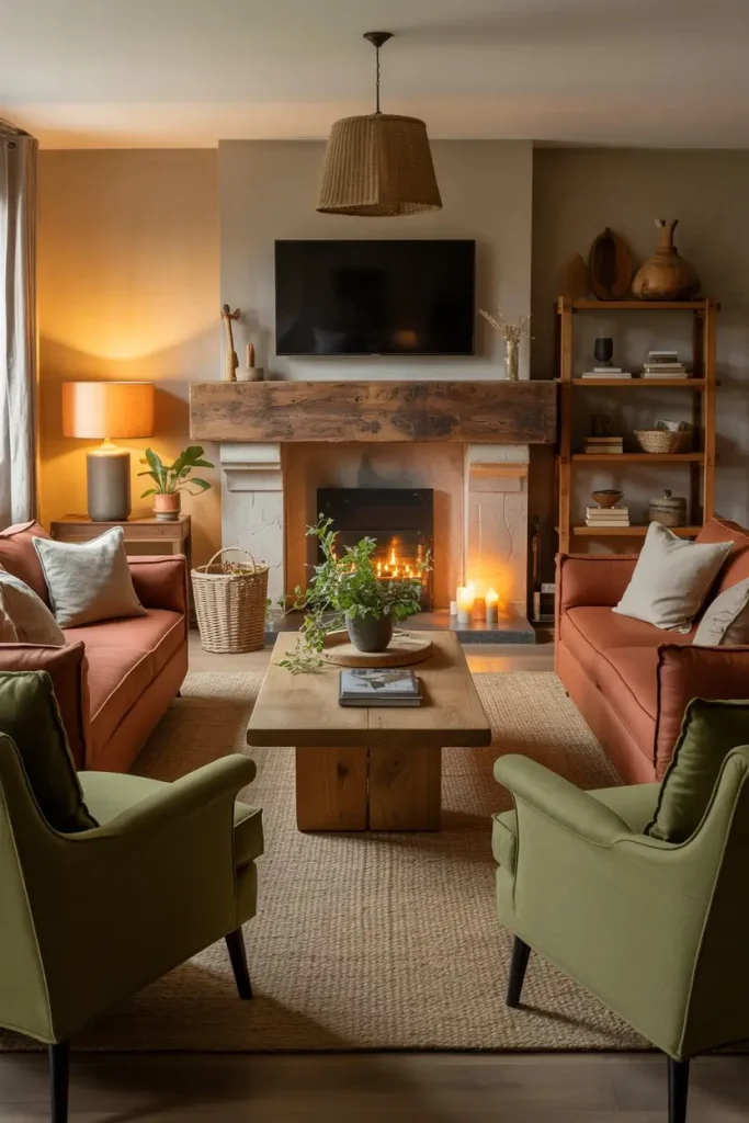 Rustic Wood Beam Mantel with Recessed TV