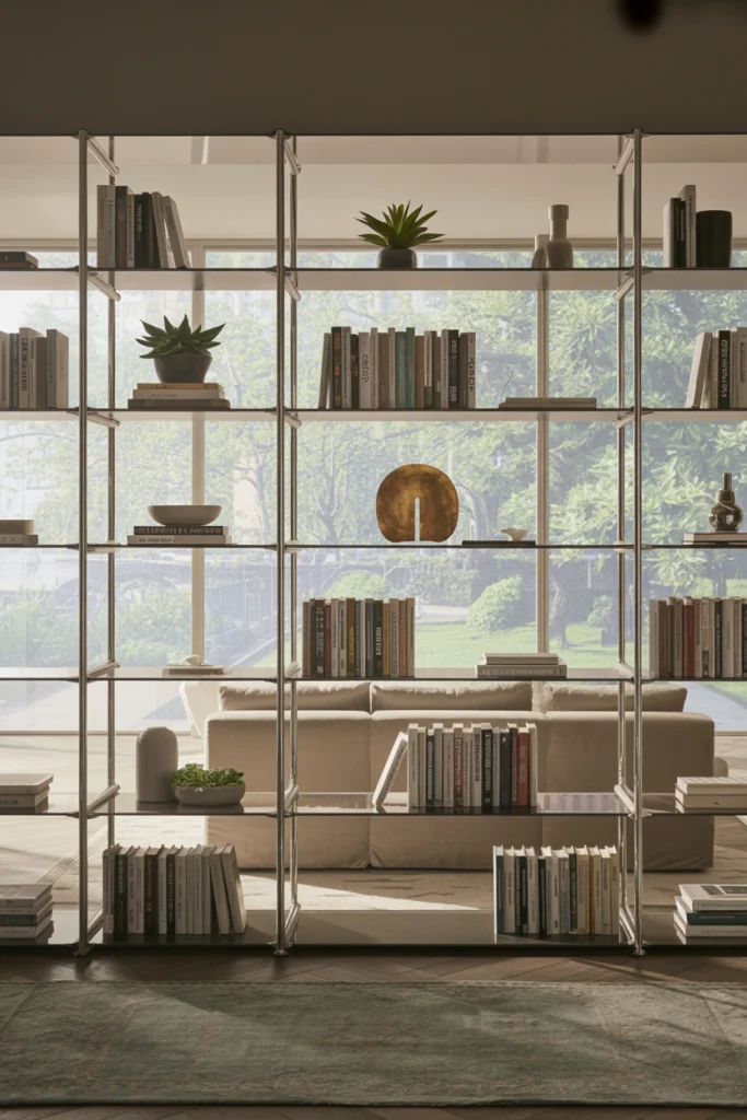 Transparent Glass Bookshelves for an Open Feel