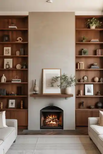 Two-Story Fireplace with Built-In Shelving