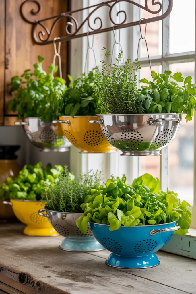 Upcycled Hanging Colanders for a Rustic Kitchen