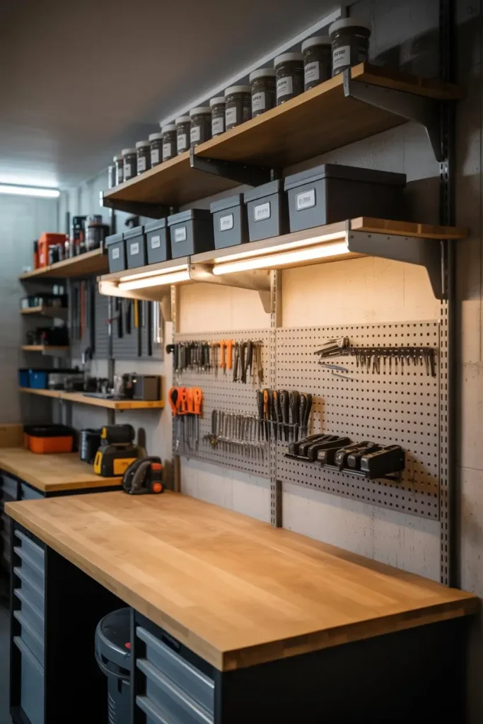 Wall-Mounted Shelving Above the Workbench