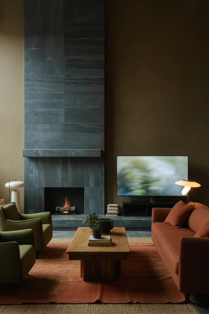 Wall-Mounted TV Beside Asymmetrical Fireplace