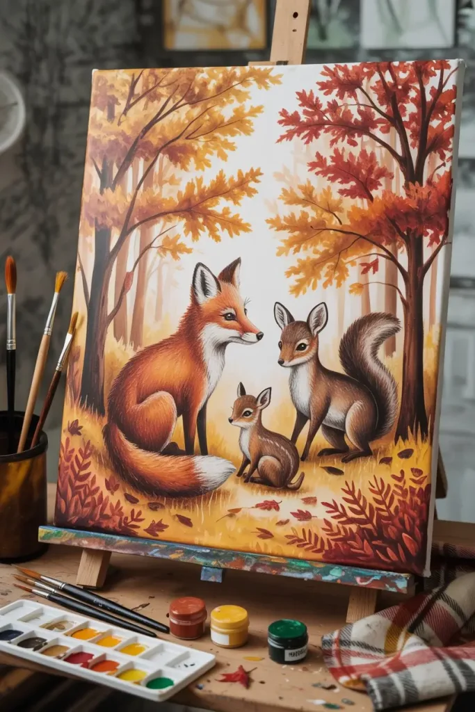 Woodland Animals in Fall Scenery
