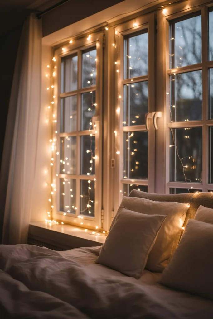 10. Draped Lights Over Windows for Soft Framing