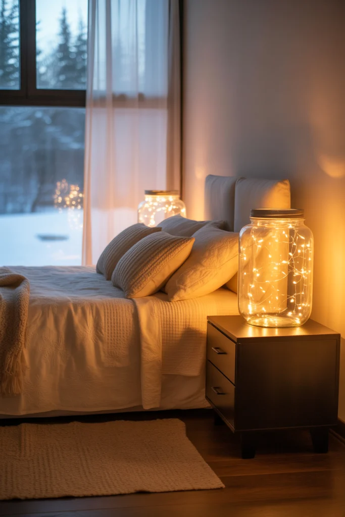 Fairy Lights in Mason Jars on Nightstands