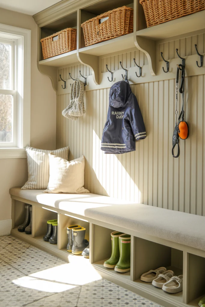 Bench with Overhead Shelf and Baskets
