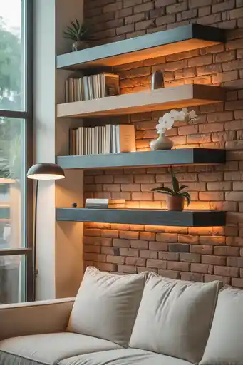 Brick Walls with Floating Shelves for Functional Design