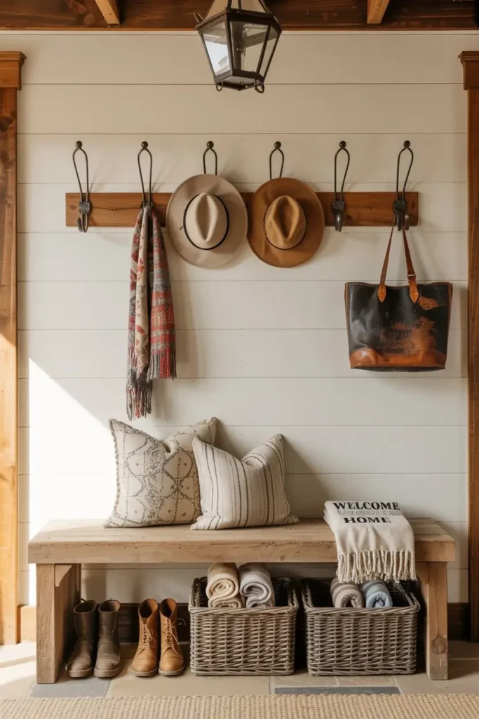 Farmhouse-Style Bench with Hooks Above