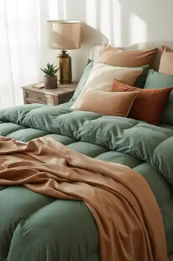Forest Green Bedding with Earth-Tone Layers