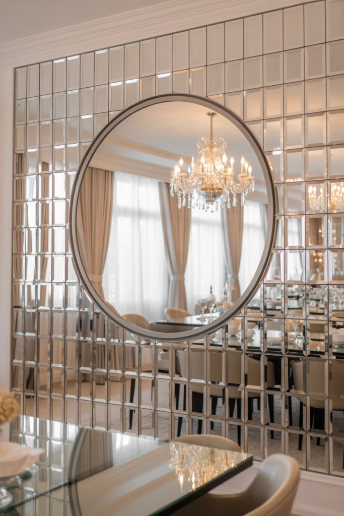 Mirrored Wall with Round Mirror as a Centerpiece