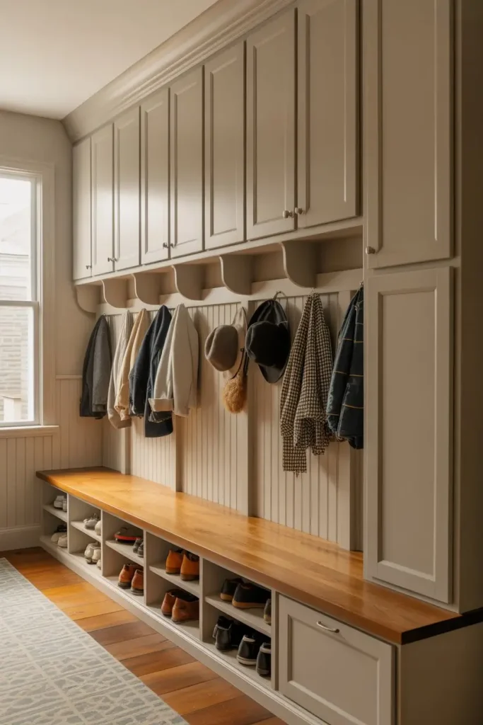 Mudroom Bench with Overhead Cabinets