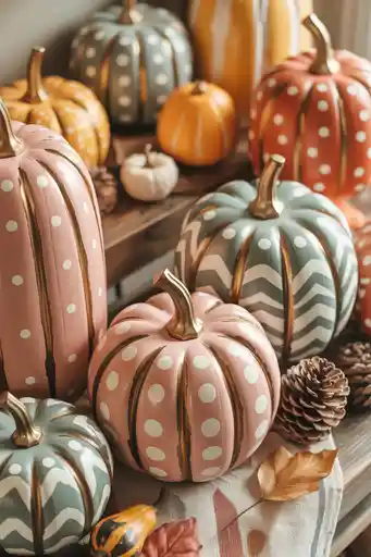 Patterned Wooden Pumpkins with Stripes and Dots