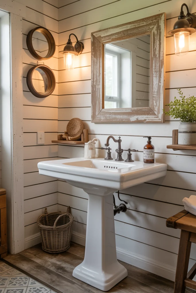 Pedestal Sink in a Farmhouse Bathroom