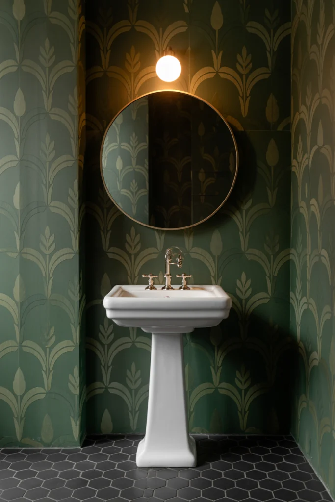 Pedestal Sink with Bold Wallpaper