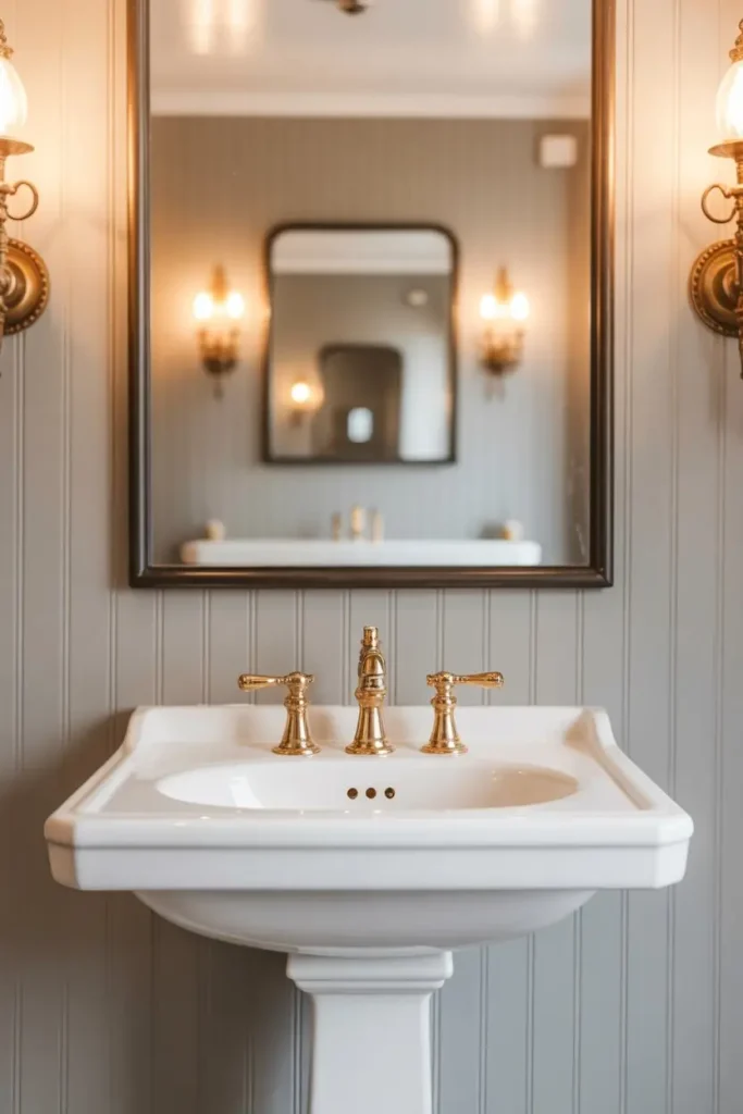Pedestal Sink with Large Framed Mirror