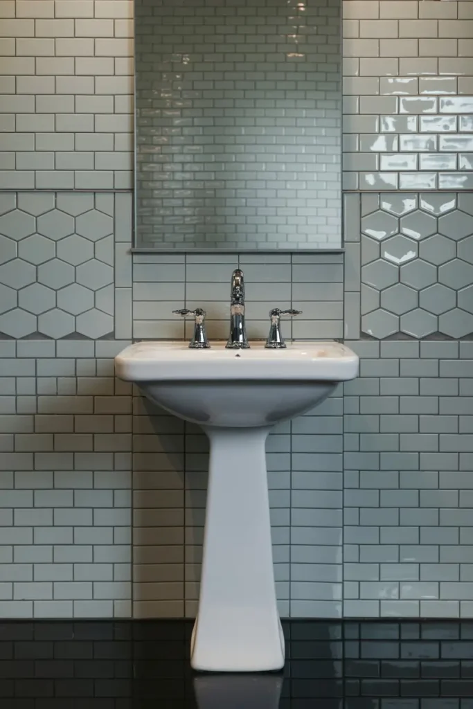 Pedestal Sink with Modern Tile Backsplash