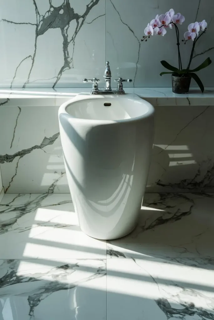 Pedestal Sink with Natural Stone Floors