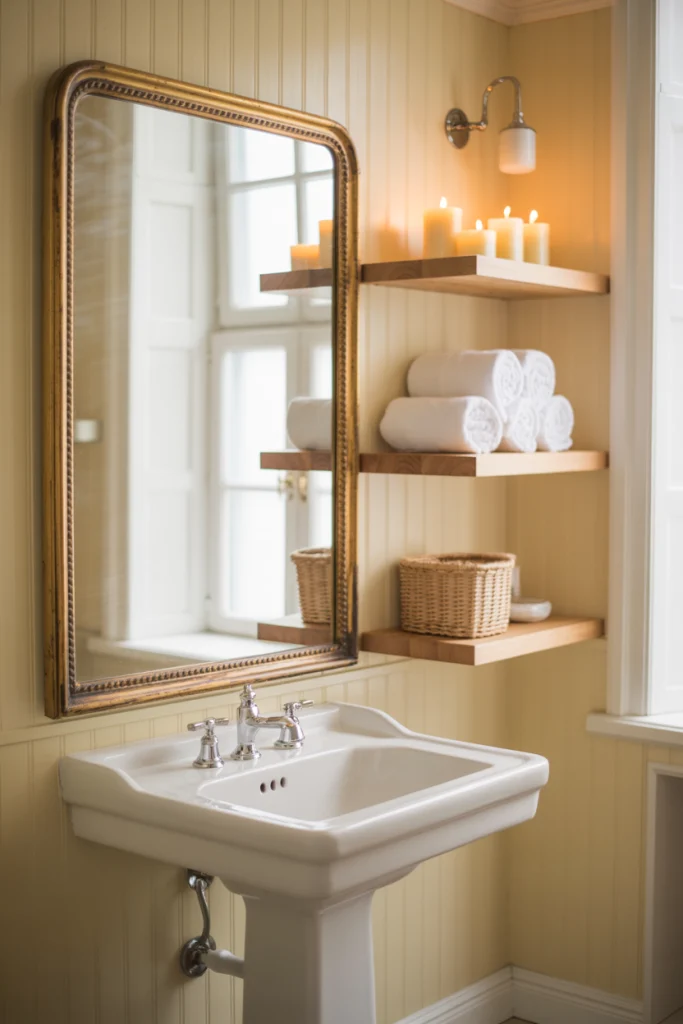 Pedestal Sink with Open Shelving Nearby