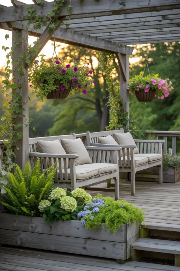 Pergola Deck Benches with Hanging Planters