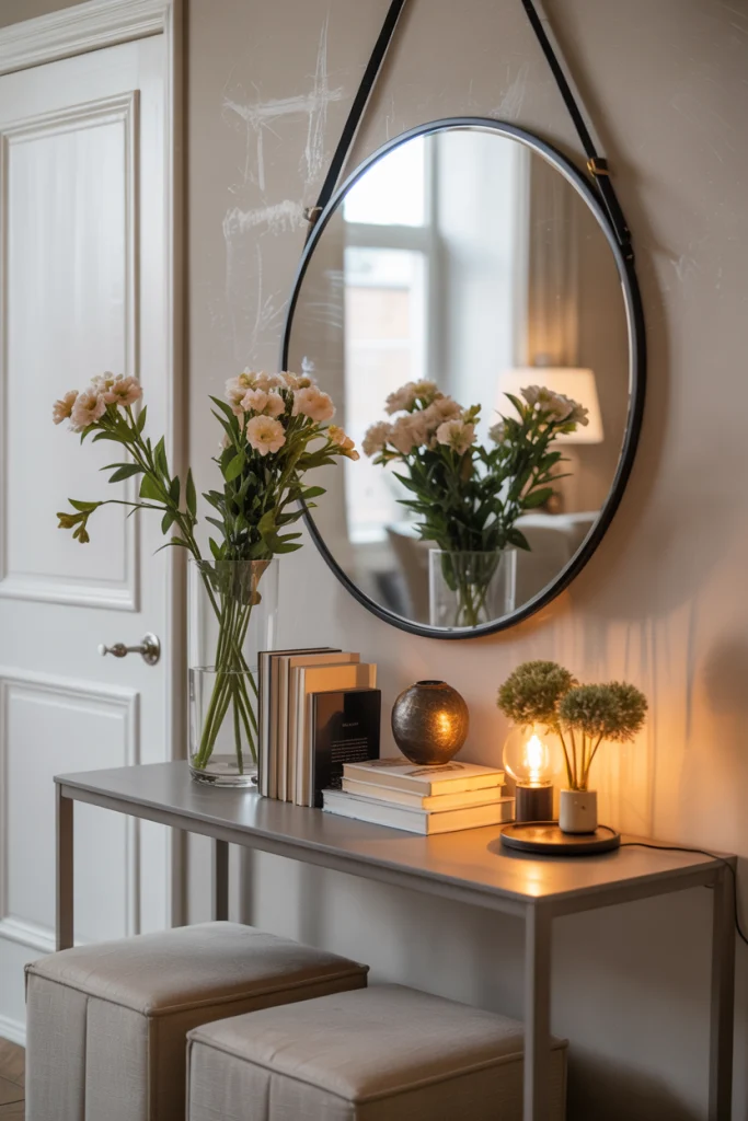 Round Mirror Above a Console Table in the Entryway