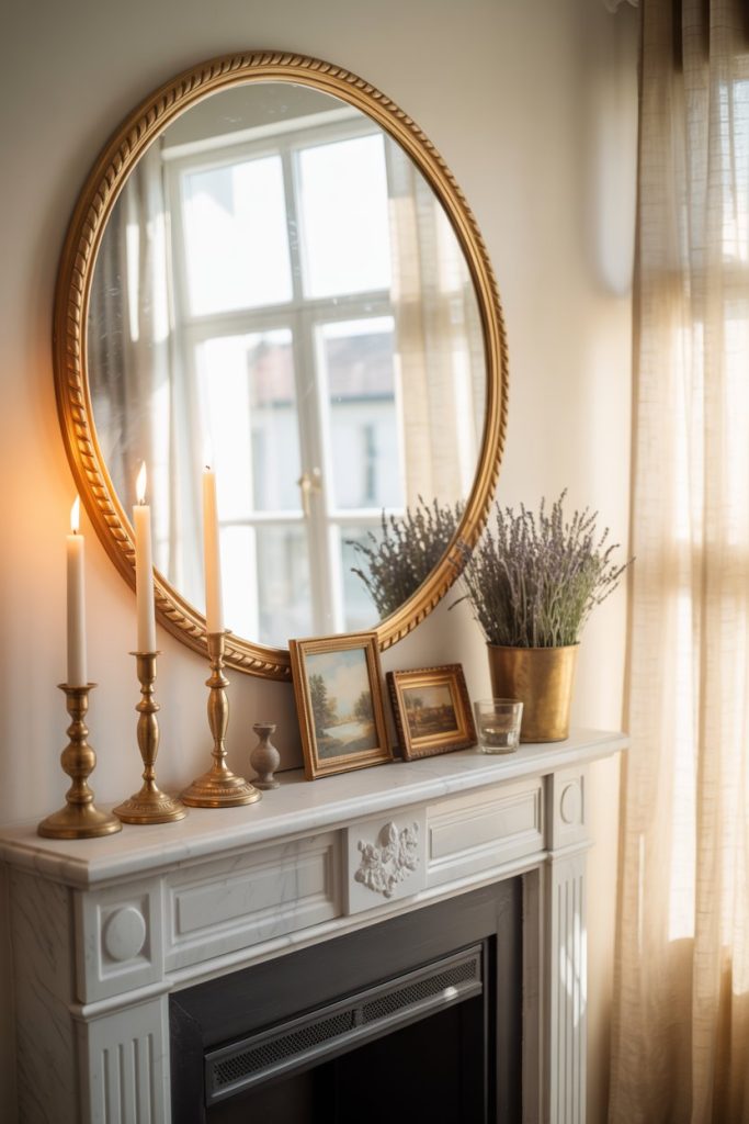 Round Mirror Above the Fireplace Mantel for Classic Elegance