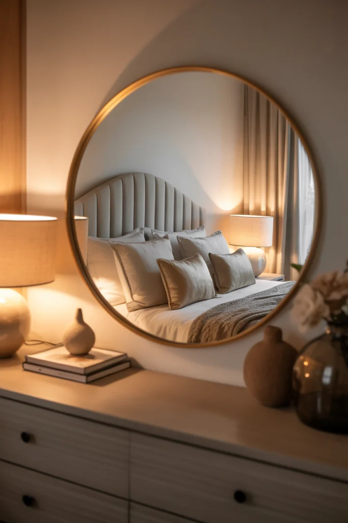 Round Mirror in the Bedroom for Gentle Balance