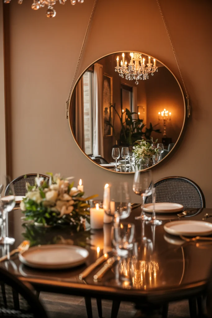 Round Mirror in the Dining Room to Enhance Ambiance