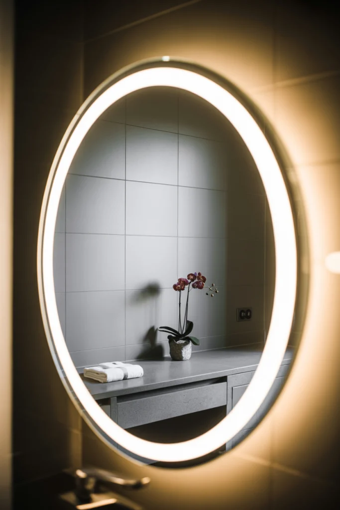 Round Mirror with Backlighting for Modern Drama