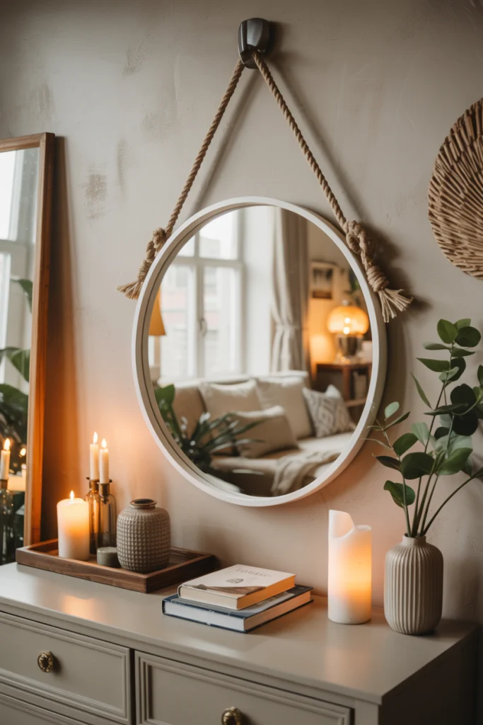 Round Mirror with Leather or Rope Hanging Strap