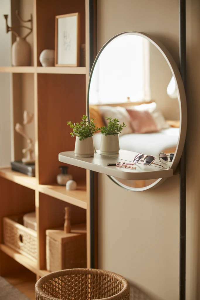 Round Mirror with Shelf for Practicality and Style