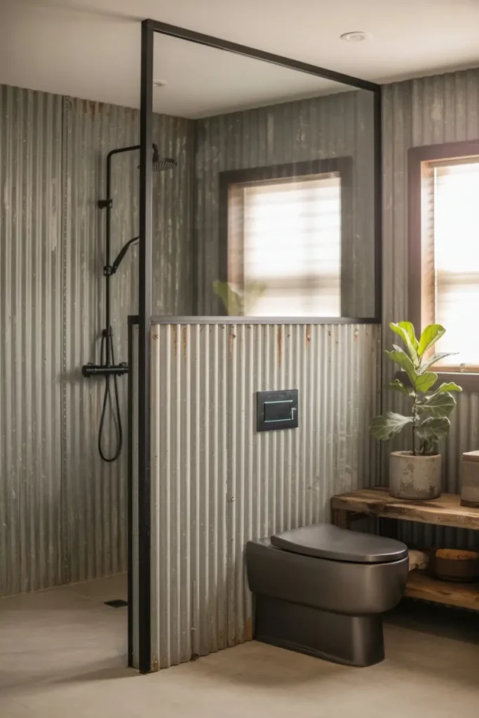 Rustic Bathroom Partitions with Metal Panels