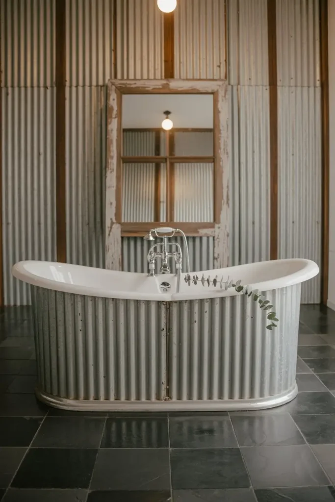 Rustic Bathtub Surrounds with Corrugated Panels