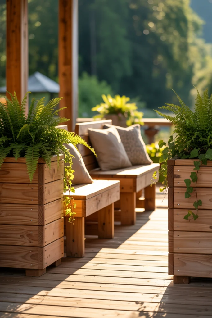 Rustic Wooden Benches Framed by Cedar Planters